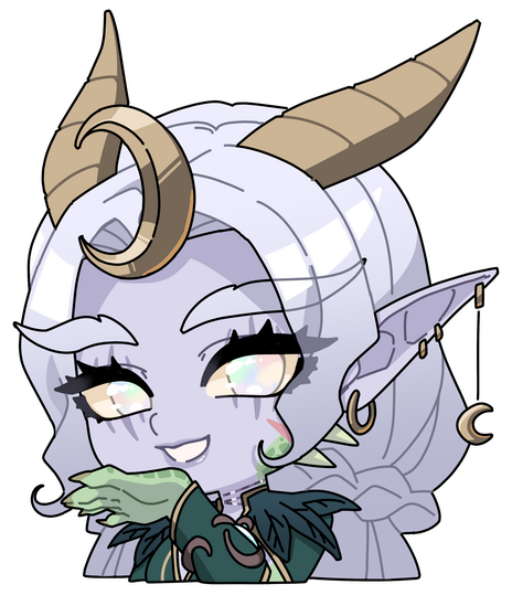 Emote ©NephiamArt A purple dragon elf with white hair and a moon headpiece. Her outfit is made of green leaves.