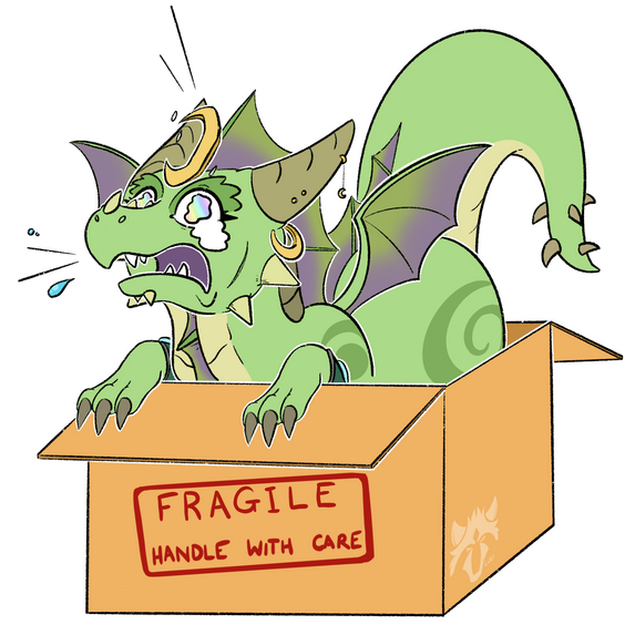 Image ©LouRaccoon A chibi green dragon with purple wings. She is crying inside a box.